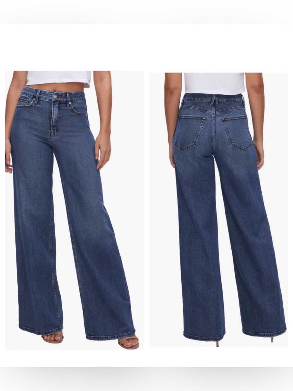 Good American Wide Leg Flare Jeans in Dark Blue Wash